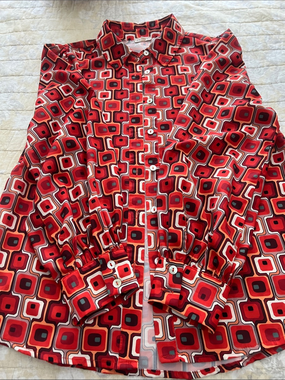 JODIFL Multicolor Geometric Print Shirt — Red, Orange & Aqua Accents